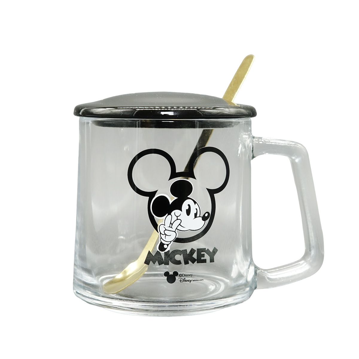 DISNEY CLASICOS - Set Tazas Mickey Mouse Vidrio Colección Disney Ctapa y Cucharita 335 ml 4pzas