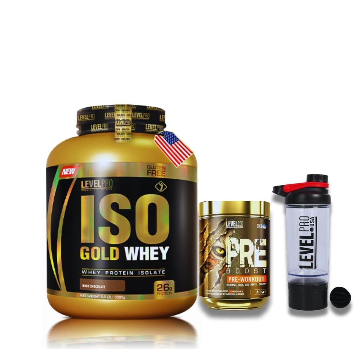 LEVEL PRO - ISO GOLD 6.6 LB VAINILLA + PRE BOOST 352 GR GREEN APPLE + REGALOS