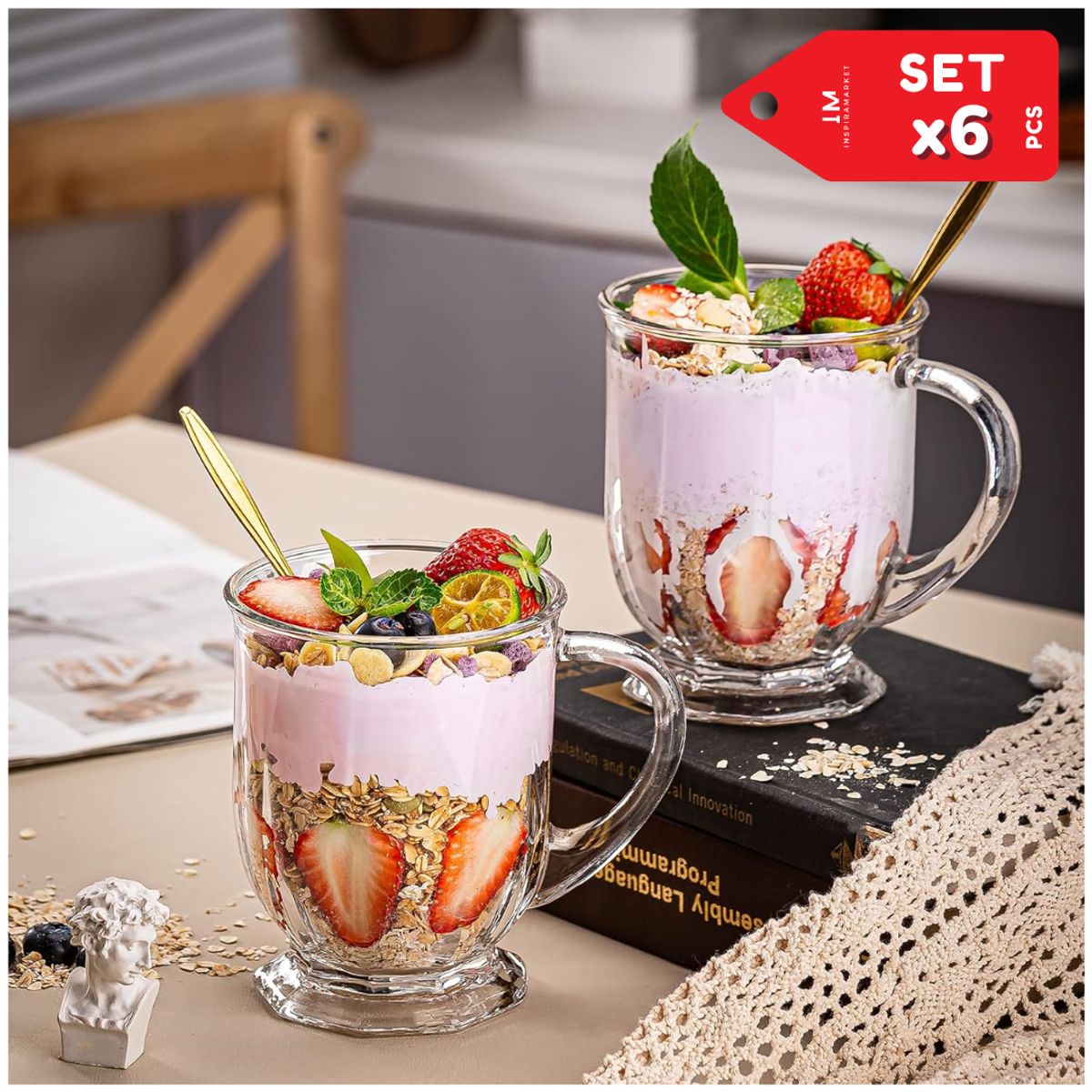 INSPIRA - Set x 6 tazas de vidrio para bebidas cafe cerveza 800ml