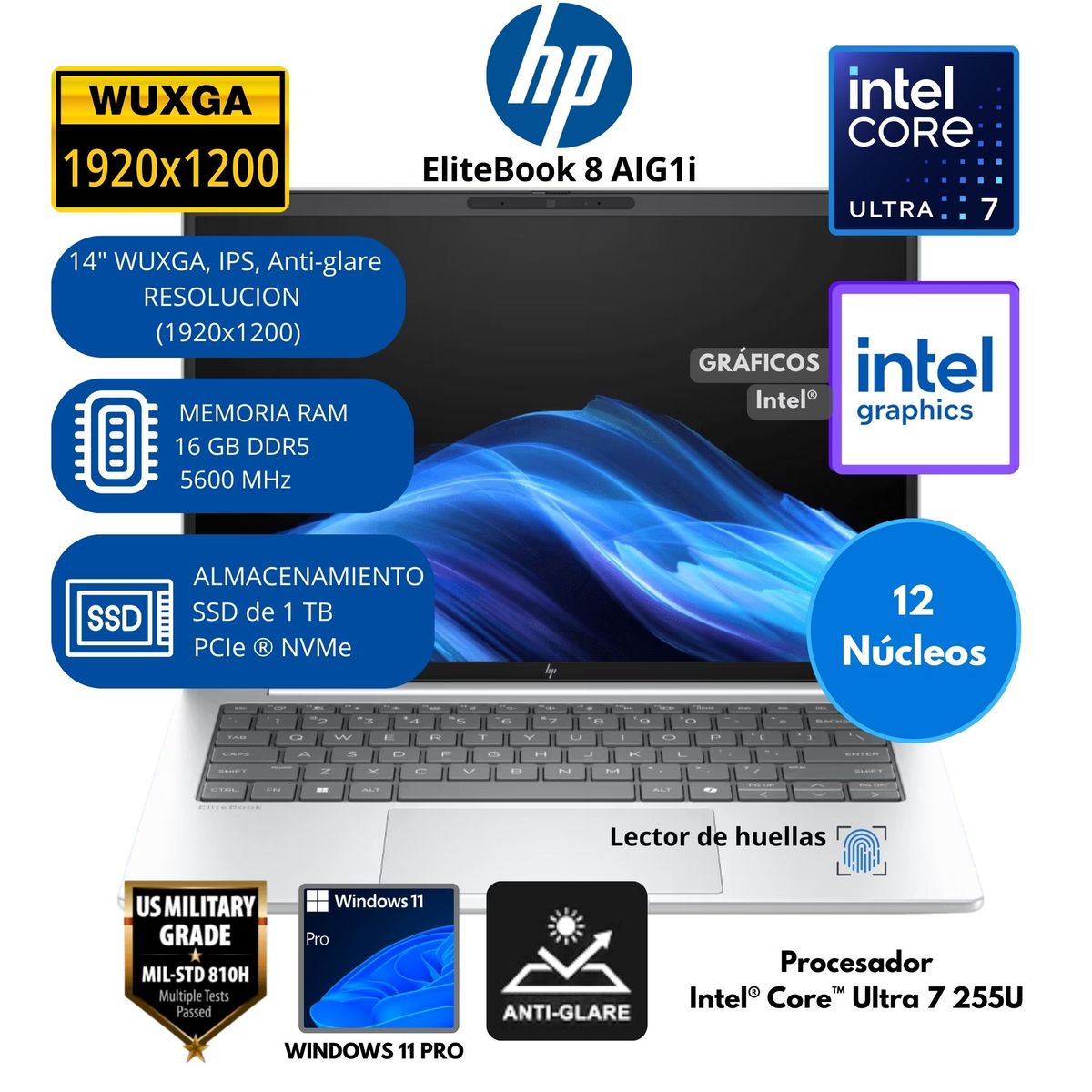 HP - Laptop HP EliteBook 8 Intel Core Ultra 7 RAM 16 GB SSD 1 TB 14"WUXGA Windows 11 PRO