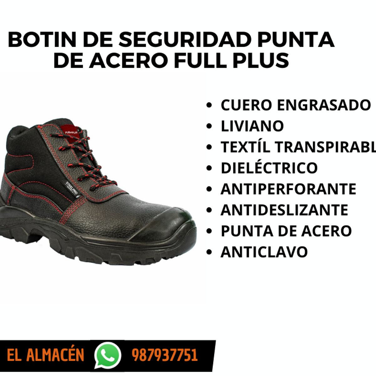 GENERICO - BOTIN DE SEGURIDAD PUNTA DE ACERO FULL PLUS