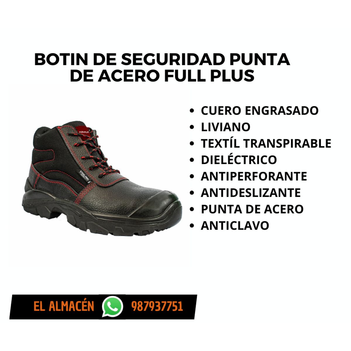 GENERICO - BOTIN DE SEGURIDAD PUNTA DE ACERO FULL PLUS