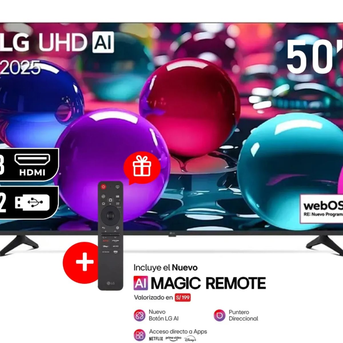 LG - Televisor LG 50” 4K UHD LED AI ThinQ 2025 (50UA7300PSB) + Control Magic