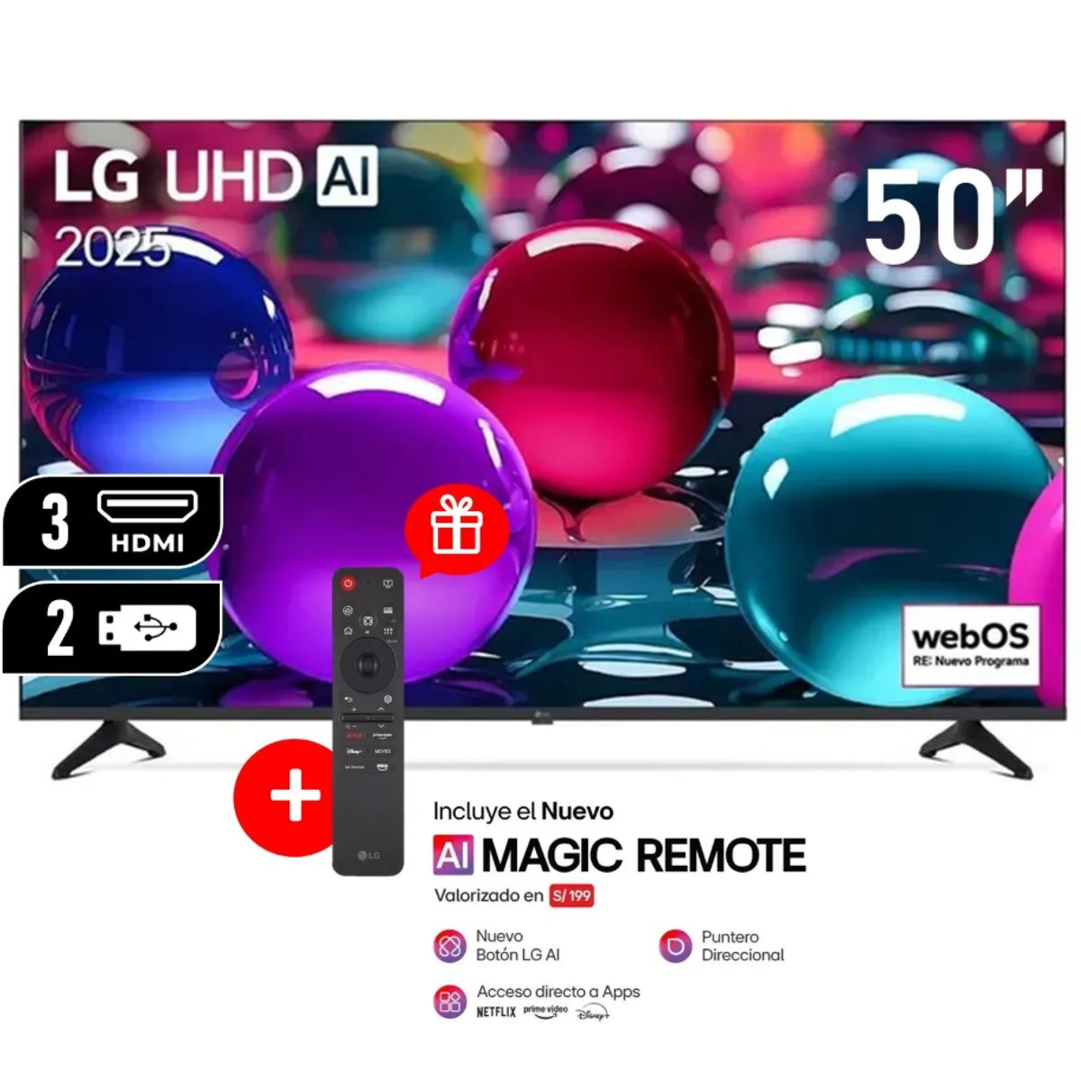 LG - Televisor LG 50” 4K UHD LED AI ThinQ 2025 (50UA7300PSB) + Control Magic