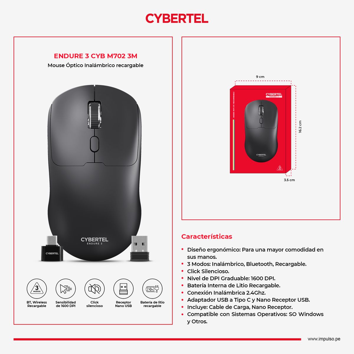 CYBERTEL - Mouse 3 Modos:BT Inalámbrico Recargable Cybertel Endure 3 M702-3M