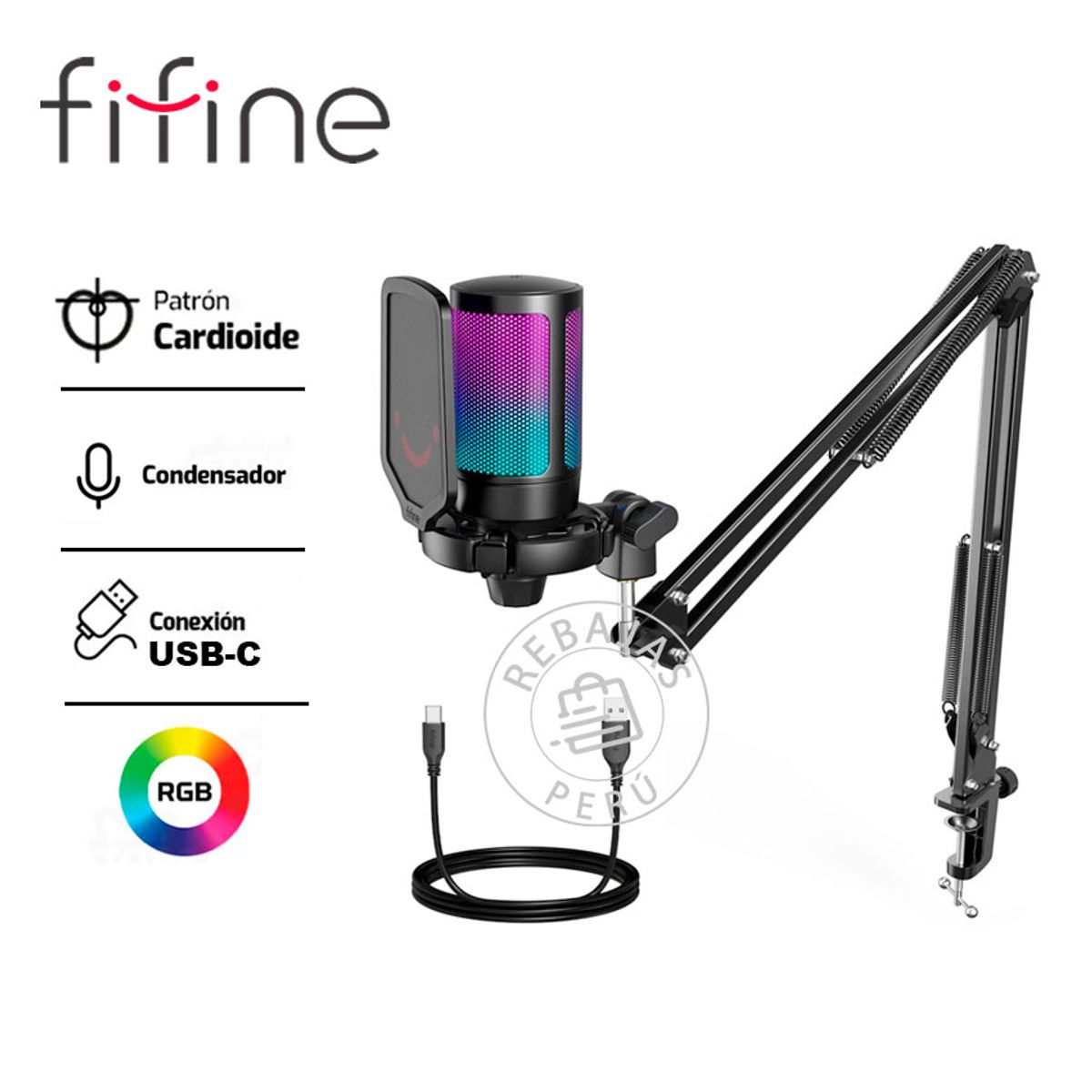 FIFINE - Micrófono Gamer Fifine A6T USB Negro Cardioide con Brazo RGB