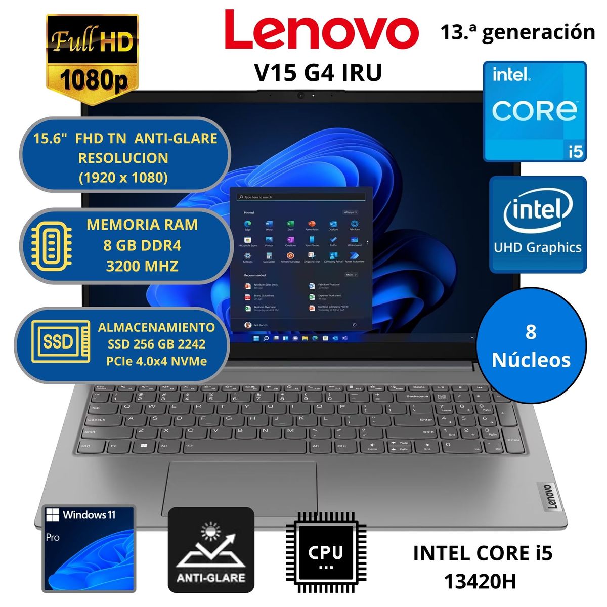 LENOVO - LAPTOP LENOVO INTEL CORE i5 (V15 G4 IRU) RAM 8 GB SSD 256 GB 15.6" FHD WINDOWS 11