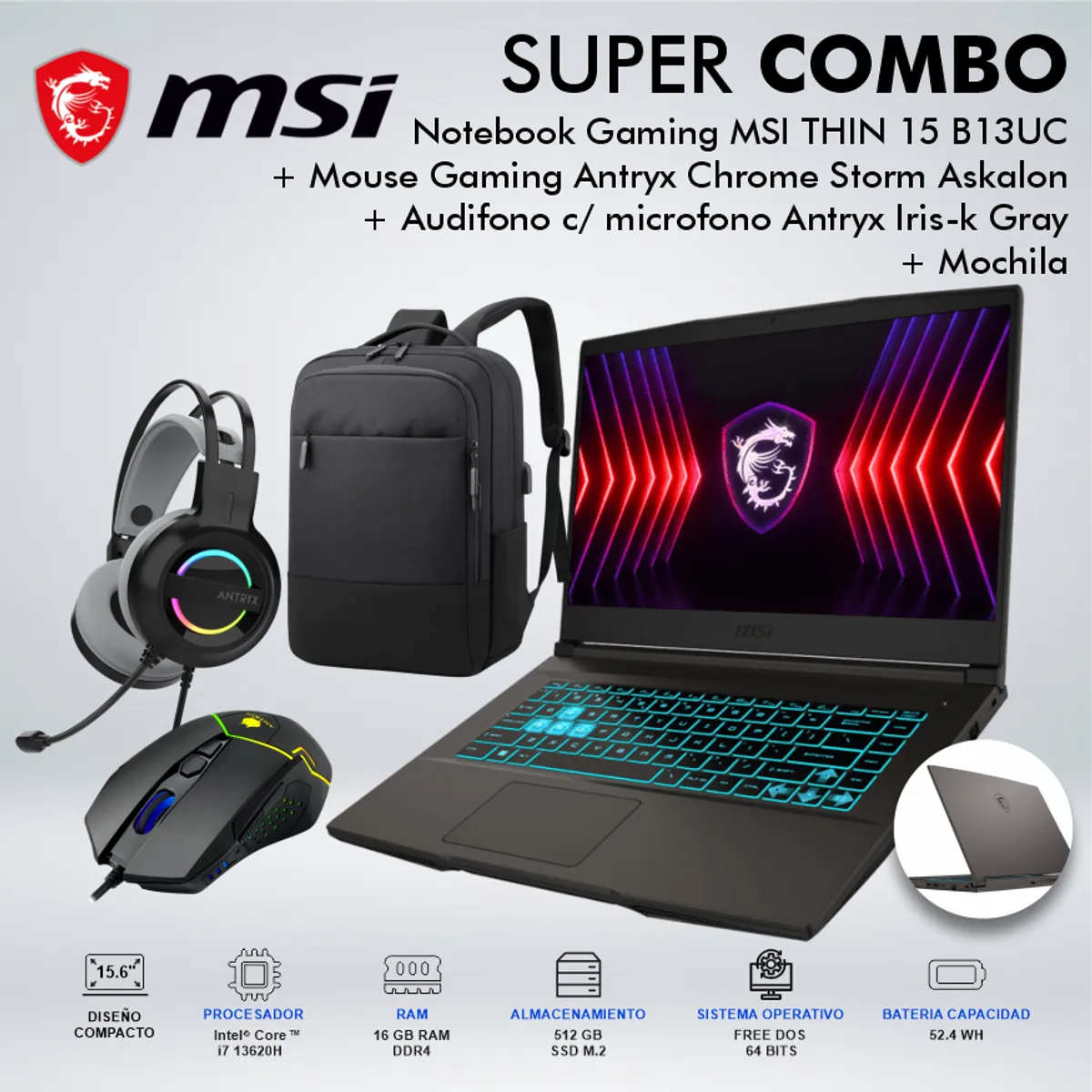 MSI - LAPTOP GAMING MSI THIN 15 B13UC INTEL CORE i7-13620H MEMORIA 16GB DISCO 512GB