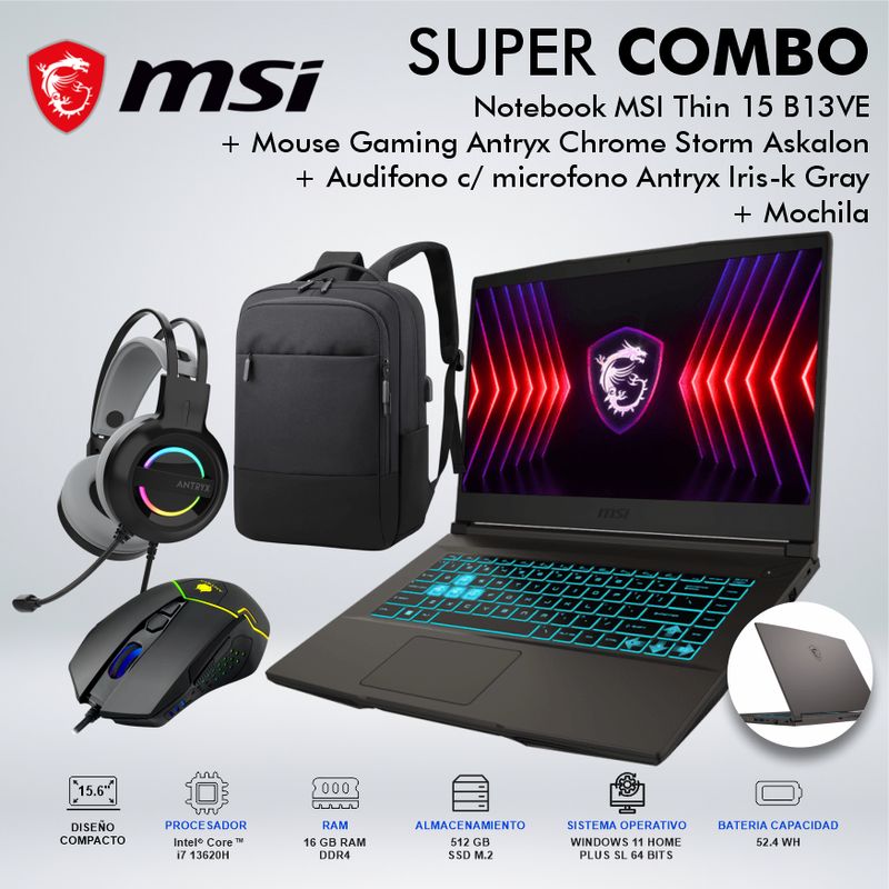 MSI - LAPTOP GAMING MSI THIN 15 B13VE INTEL CORE i7-13620H MEMORIA 16GB DISCO 512GB