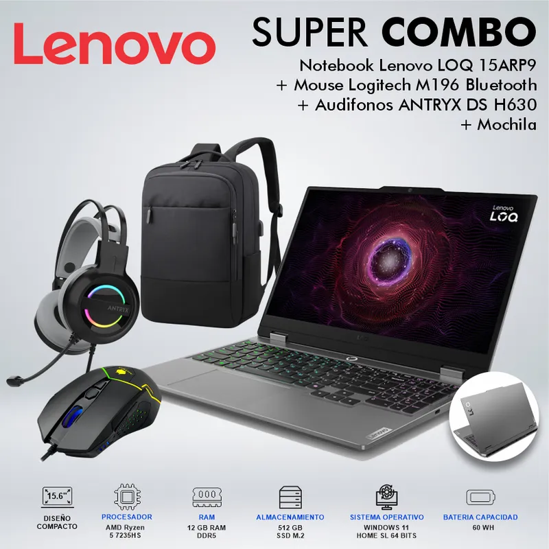 LENOVO - LAPTOP LENOVO GAMING LOQ 15ARP9 RYZEN  5 7235HS MEMORIA 12GB DISCO 512GB