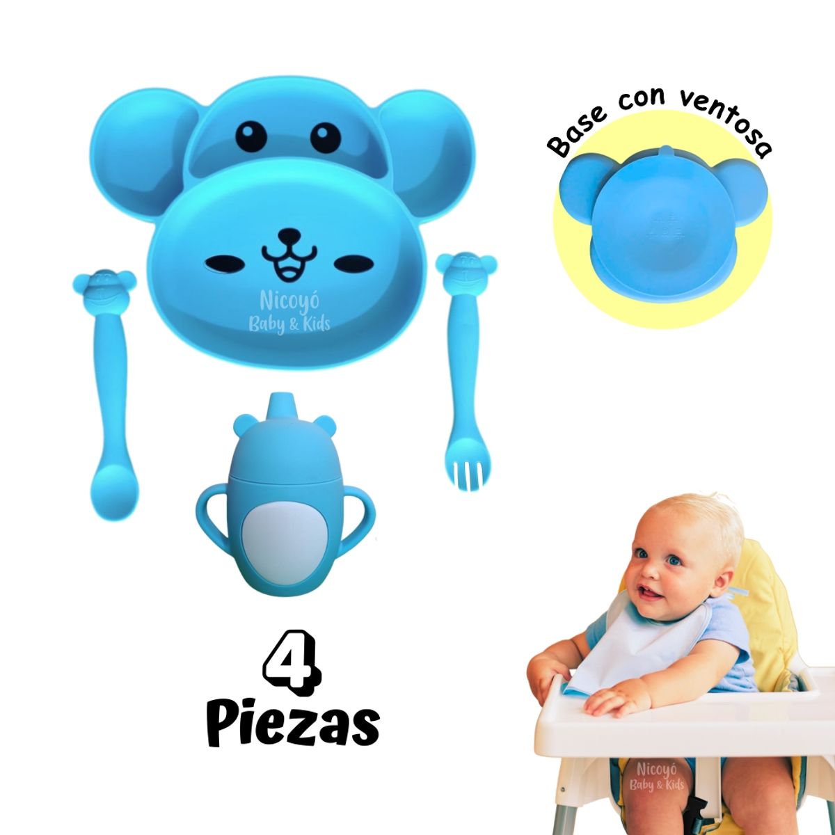Kit de Alimentación para Bebés de Silicona Monito - AZUL, marca BABY - Foto Principal