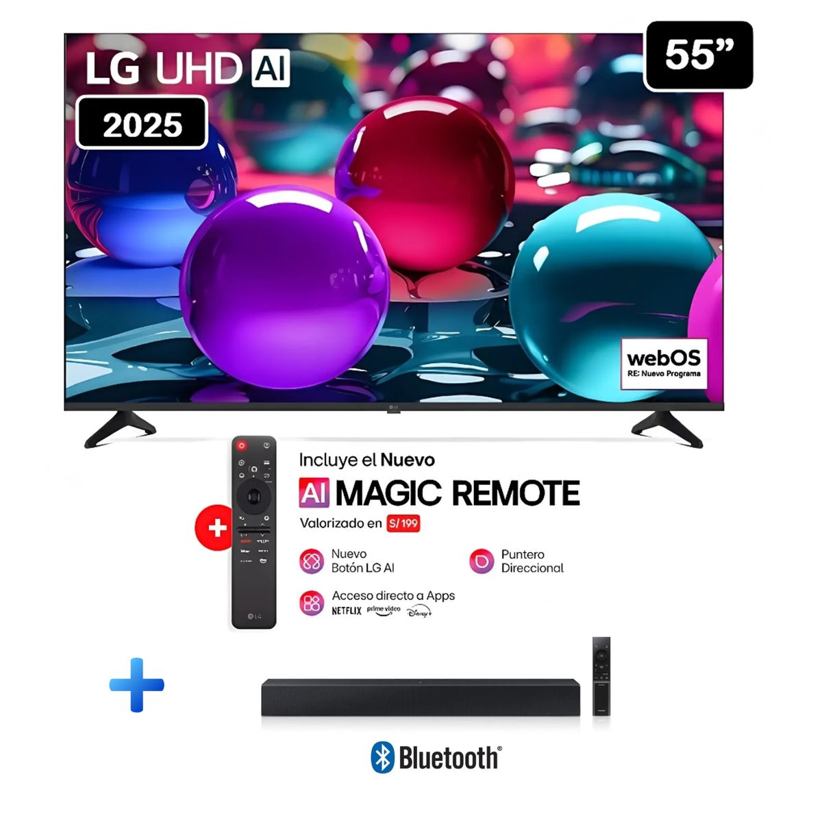 LG - Televisor Lg 55 Pulg Ultra HD 4K AI ThinQ 55UA7300 Modelo 2025- Negro + Soundbar