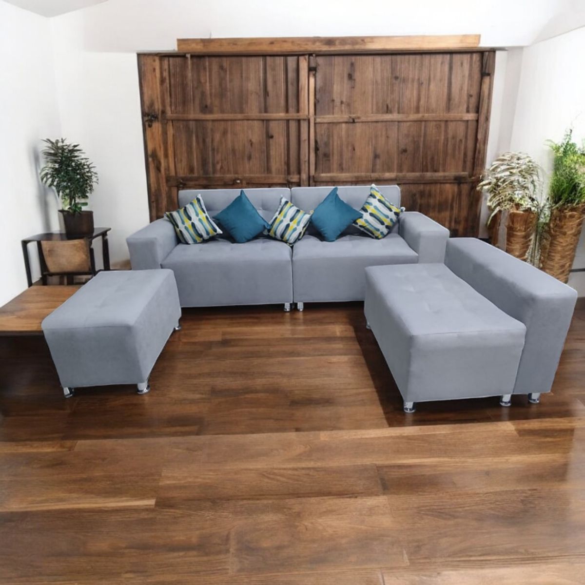 GENERICO - Seccional Londres 3 cuerpos 1 banqueta - plomo plata + 3 cojines de regalo