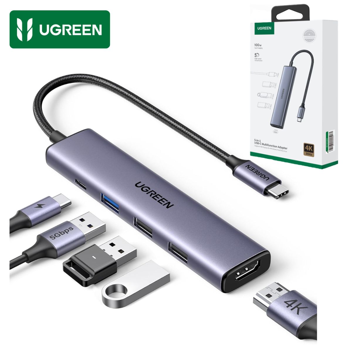 UGREEN - Adaptador HUB UGREEN 5 en 1 USB C a 4K HDMI 100W PD para  MacBook