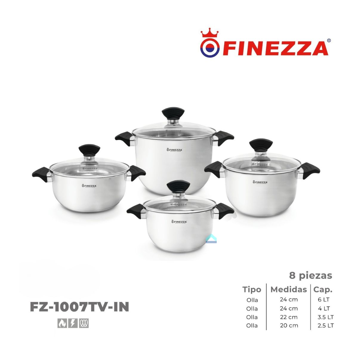 FINEZZA - Juego de ollas FINEZZA Acero Inoxidable FZ-1007TV-IN 8 Piezas