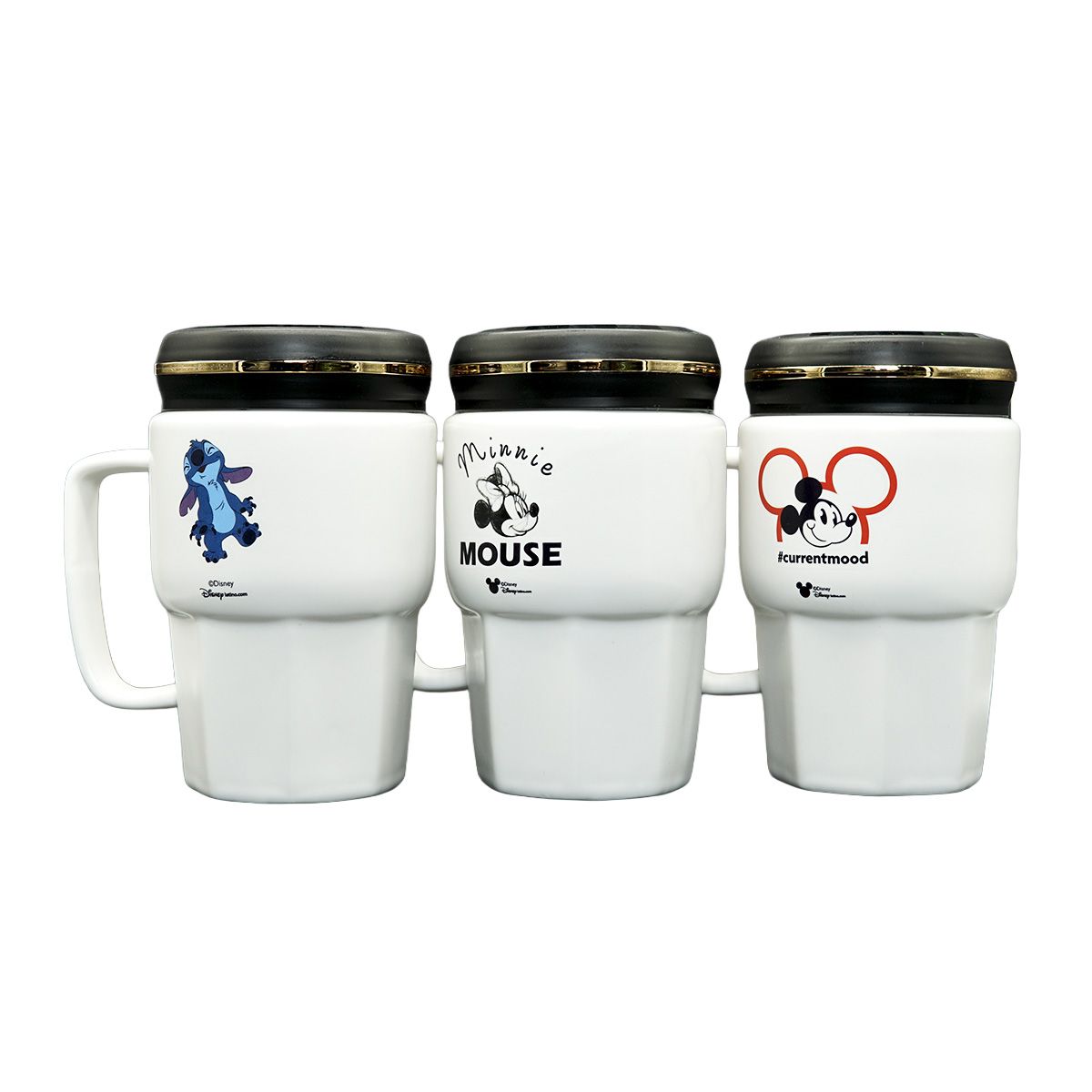 DISNEY CLASICOS - Set Mug Mickey Minnie y Stitch Colección Disney cTapa 400 ml 3 Pzas