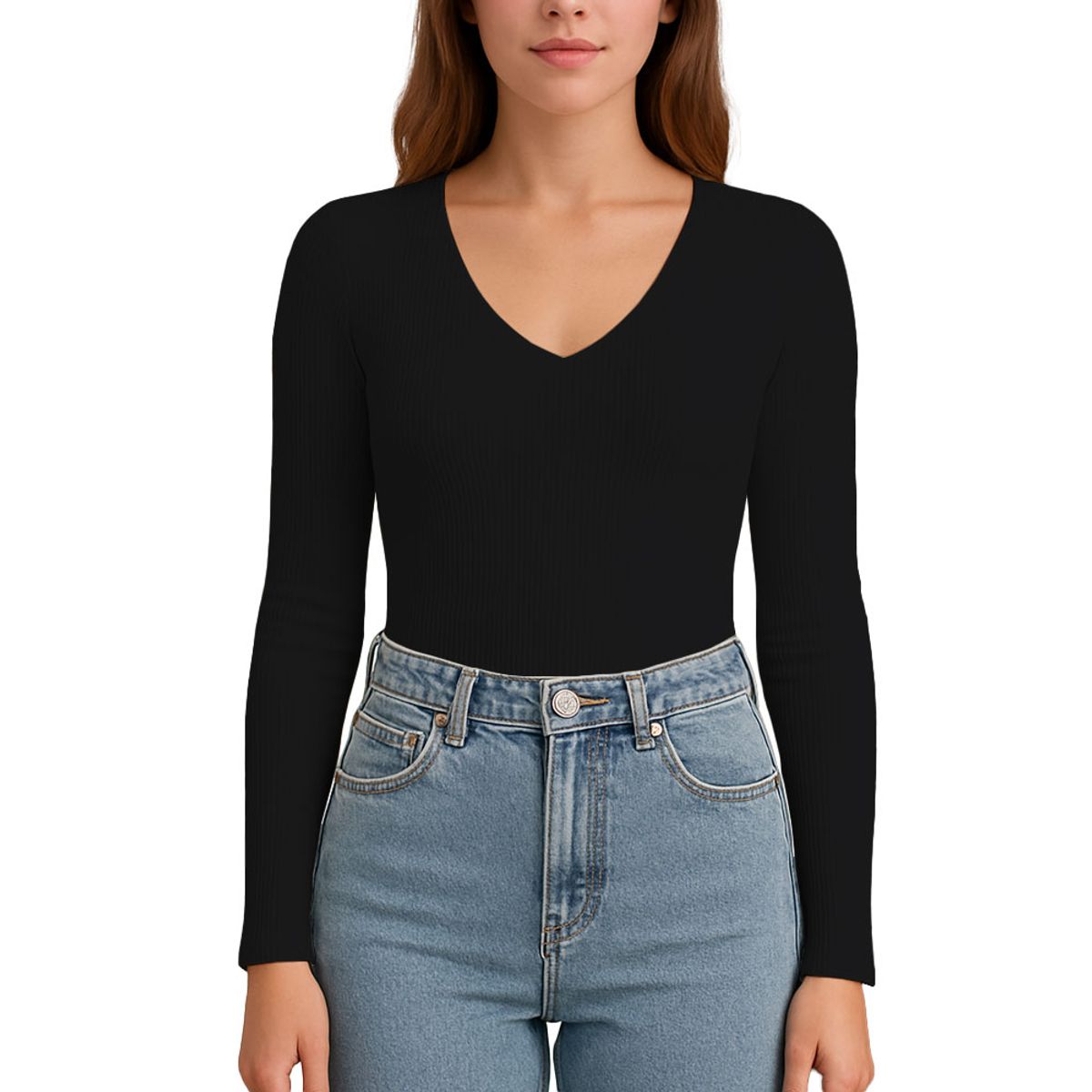 GENERICO - Polo MLarga Cuello V Rib Acanalado con Forro Lul810 Fab-17 Negro