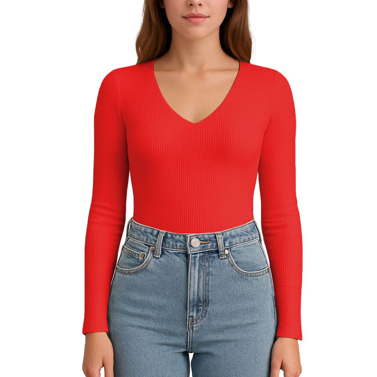 GENERICO - Polo MLarga Cuello V Rib Acanalado con Forro Lul810 Fab-17 Color Rojo