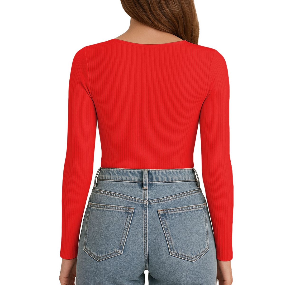 GENERICO - Polo MLarga Cuello V Rib Acanalado con Forro Lul810 Fab-17 Color Rojo