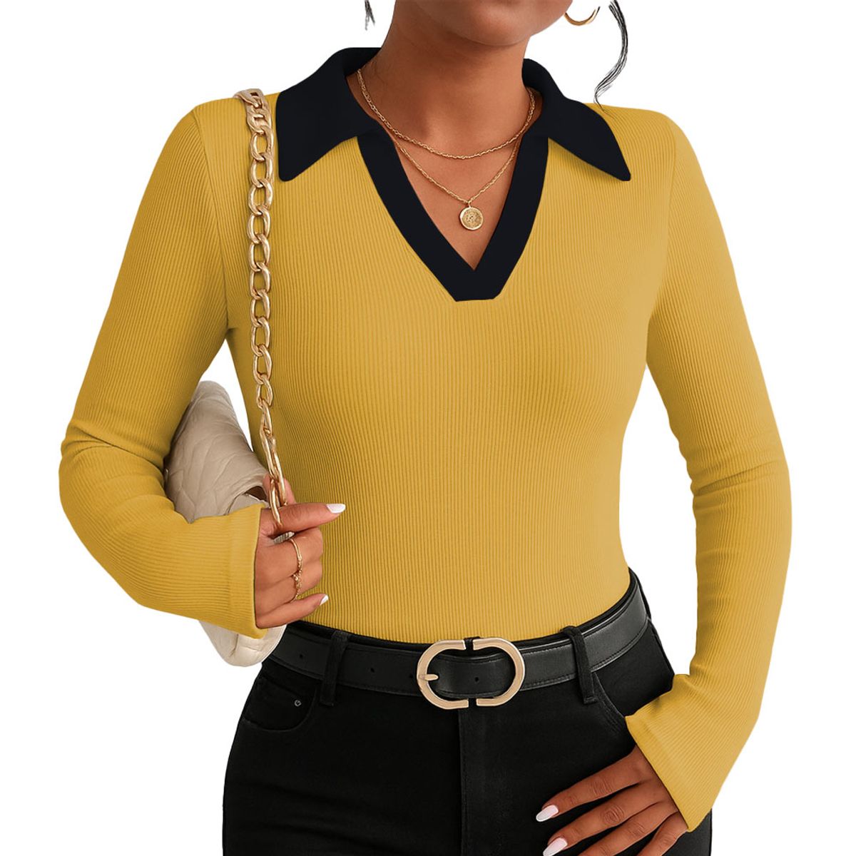 GENERICO - Polo Mujer Camisero Bi Manga Larga Sab-16 Rib Color Amarillo