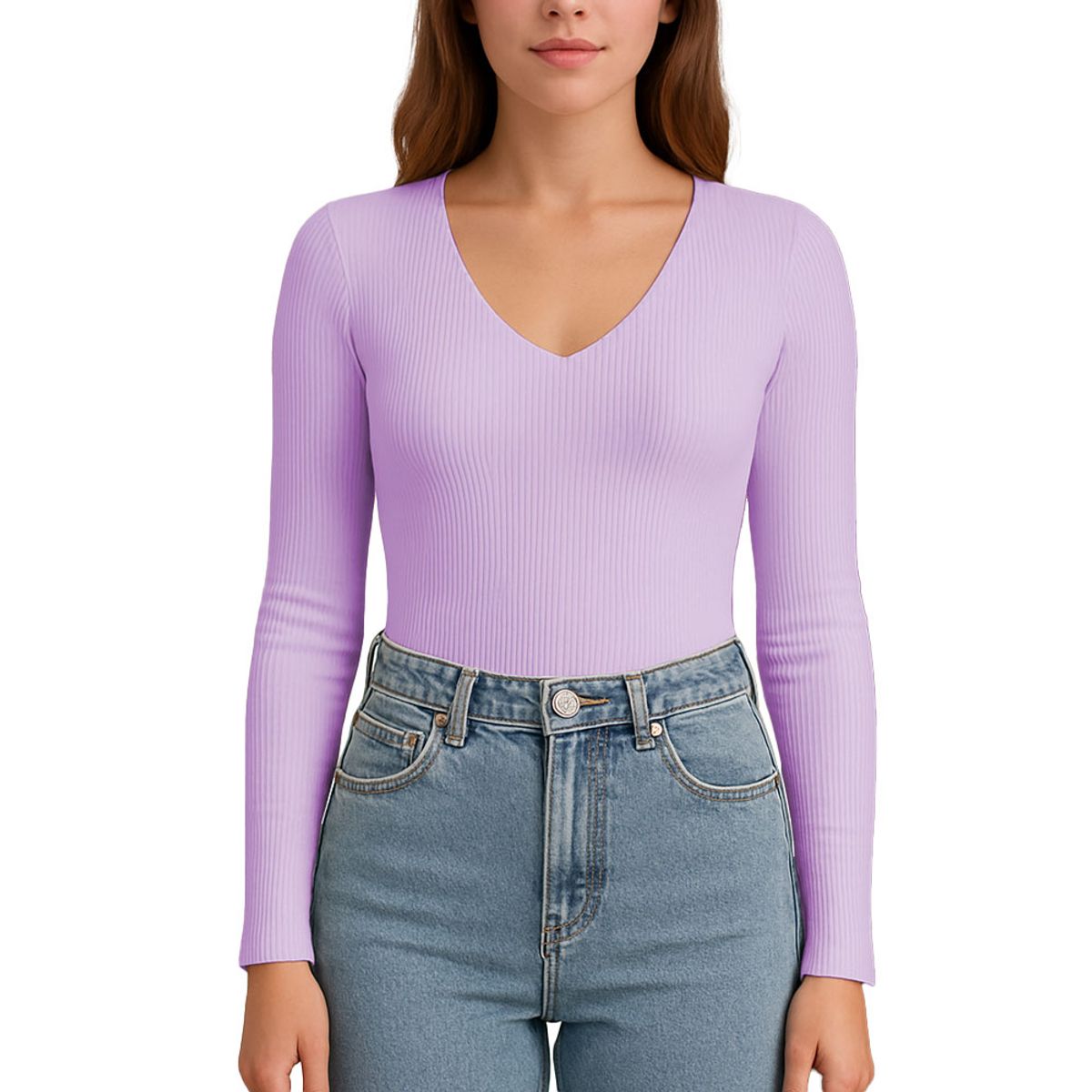 GENERICO - Polo MLarga Cuello V Rib Acanalado con Forro Lul810 Fab-17 Color Lila