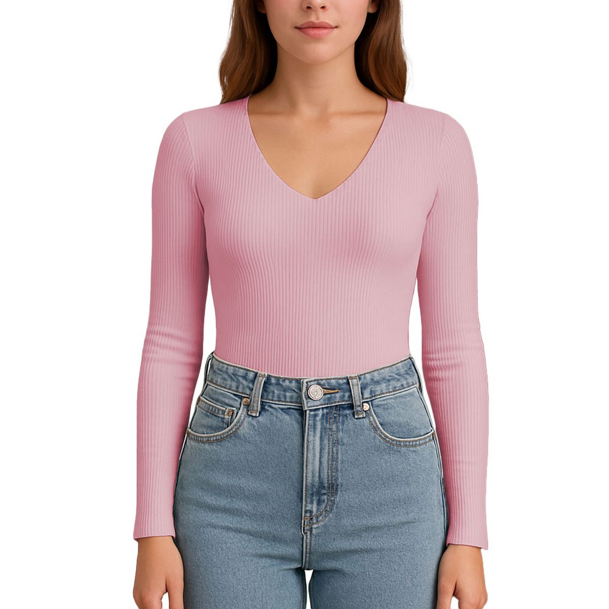 GENERICO - Polo MLarga Cuello V Rib Acanalado con Forro Lul810 Fab-17 Color Rosa