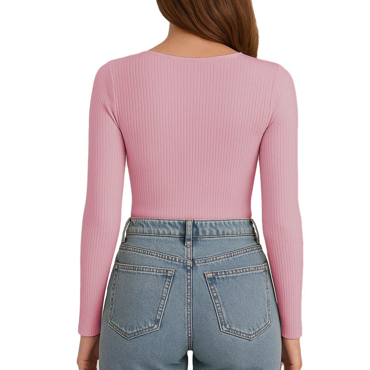 GENERICO - Polo MLarga Cuello V Rib Acanalado con Forro Lul810 Fab-17 Color Rosa