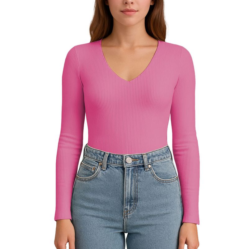 GENERICO - Polo MLarga CuelloV Rib Acanalado con Forro Lul810 Fab-17 Color Rosa