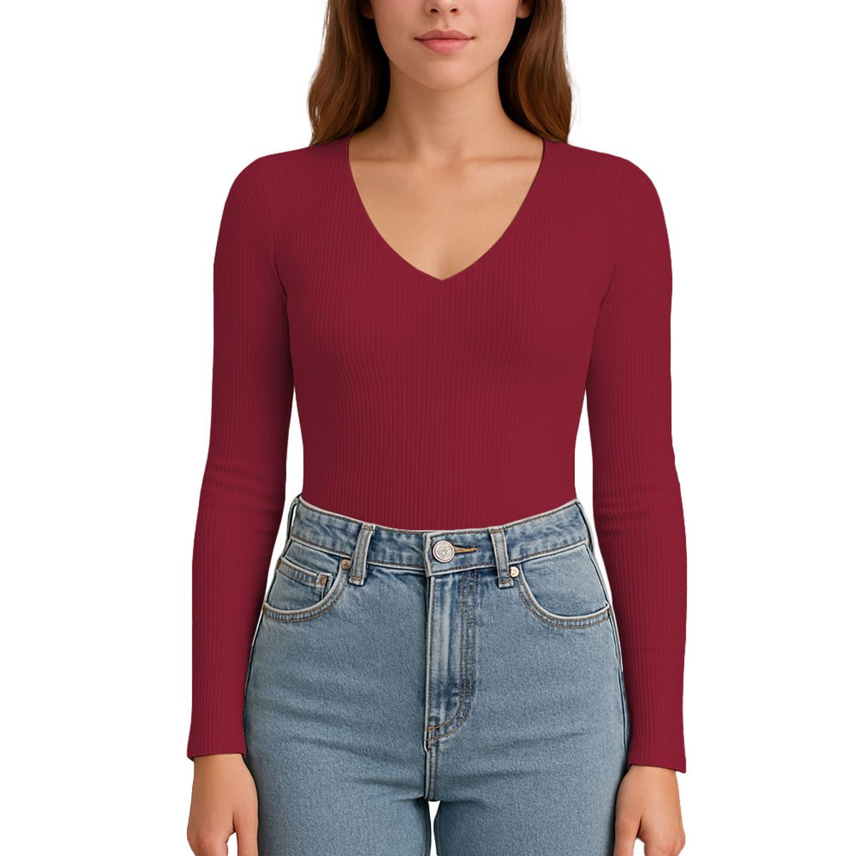 GENERICO - Polo MLarga Cuello V Rib Acanalado con Forro Lul810 Fab-17 Color Vino