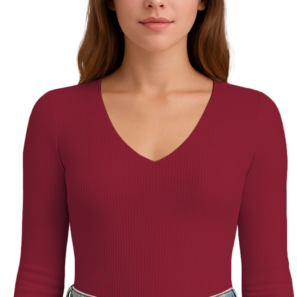 GENERICO - Polo MLarga Cuello V Rib Acanalado con Forro Lul810 Fab-17 Color Vino