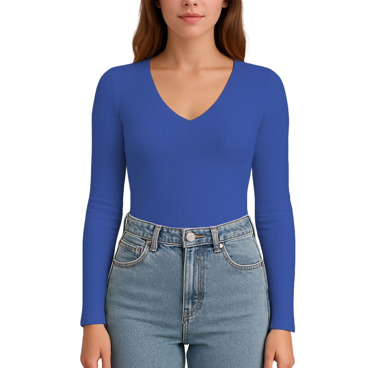 GENERICO - Polo MLarga Cuello V Rib Acanalado con Forro Lul810 Fab-17 Color Luna