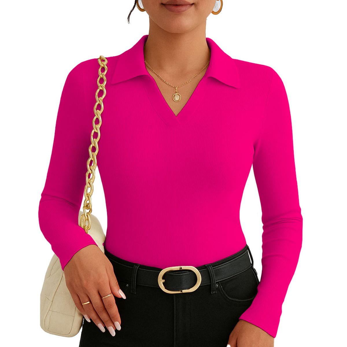 GENERICO - Polo Mujer Camisero Manga Larga 716 Fab-15 Color Fucsia