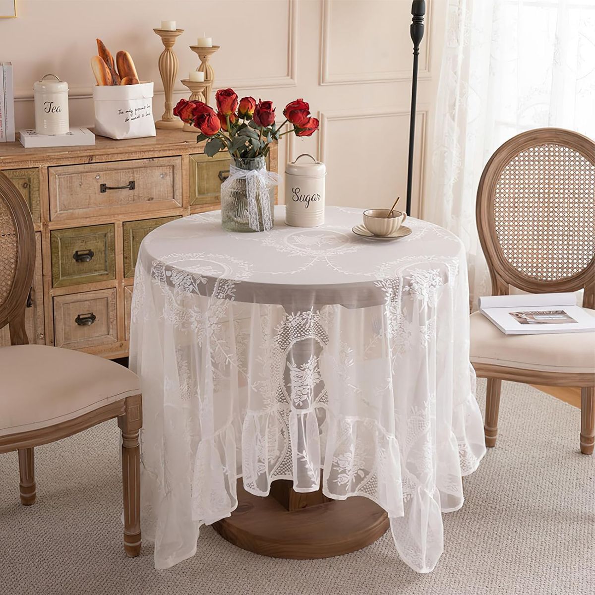 PUREPOWER - Mantel Redondo Encaje Vintage Francés Φ150cm con Flores para Bodas