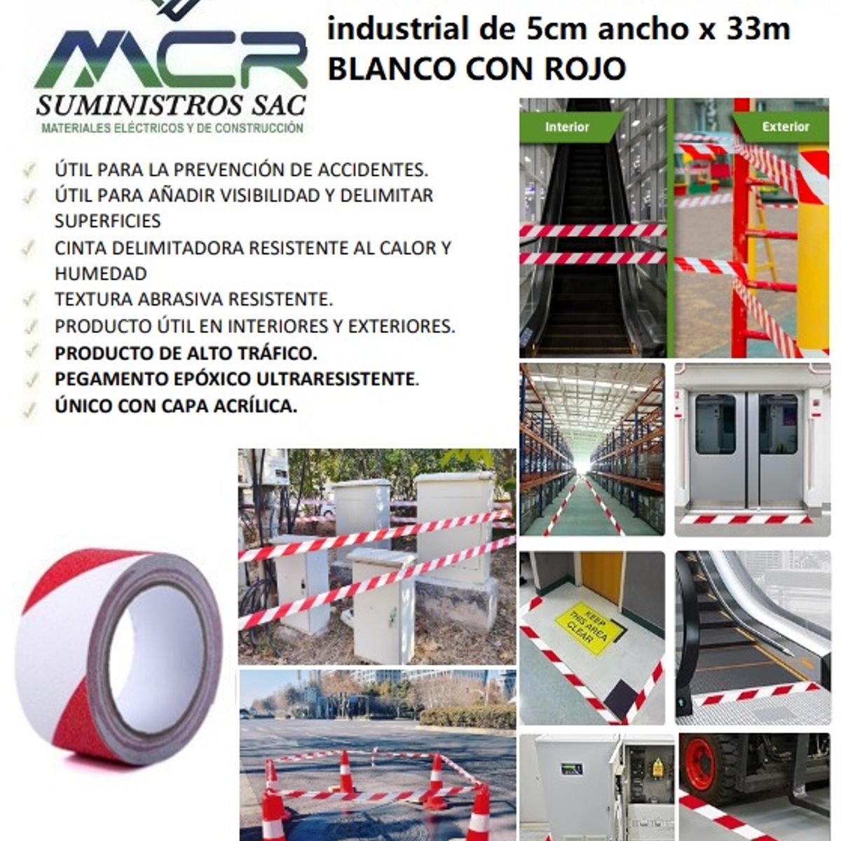 GENERICO - CINTA DELIMITADORA O SEÑALIZADORA INDUSTRIAL DE 5cm x33m BLANCO CON ROJO