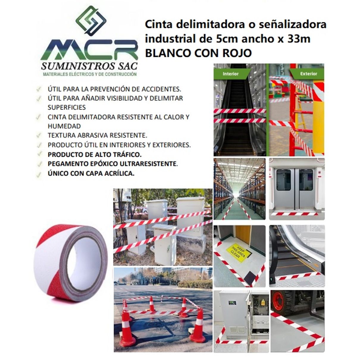 GENERICO - CINTA DELIMITADORA O SEÑALIZADORA INDUSTRIAL DE 5cm x33m BLANCO CON ROJO