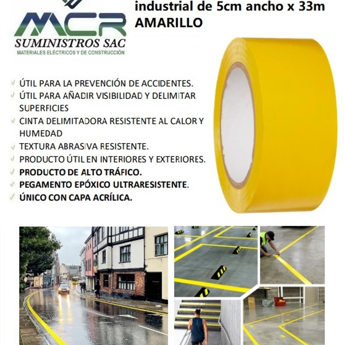 GENERICO - CINTA DELIMITADORA O SEÑALIZADORA INDUSTRIAL DE 5cm x33m AMARILLO