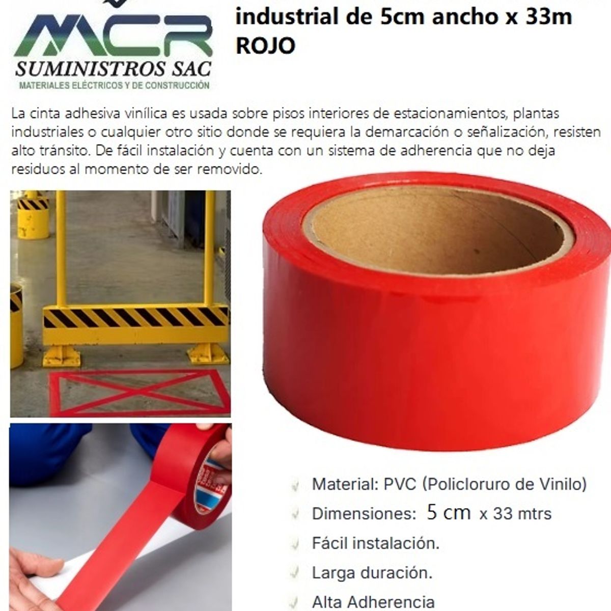 GENERICO - CINTA DELIMITADORA O SEÑALIZADORA INDUSTRIAL DE 5cm x33m ROJO
