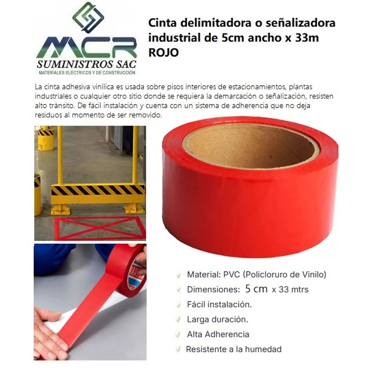 GENERICO - CINTA DELIMITADORA O SEÑALIZADORA INDUSTRIAL DE 5cm x33m ROJO