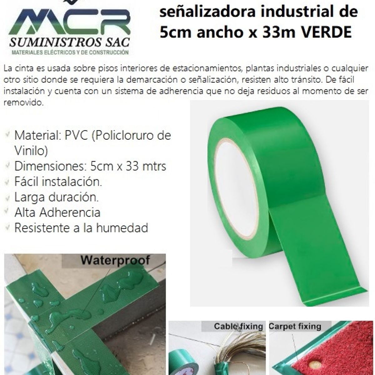 GENERICO - CINTA DELIMITADORA O SEÑALIZADORA INDUSTRIAL DE 5cm x33m VERDE