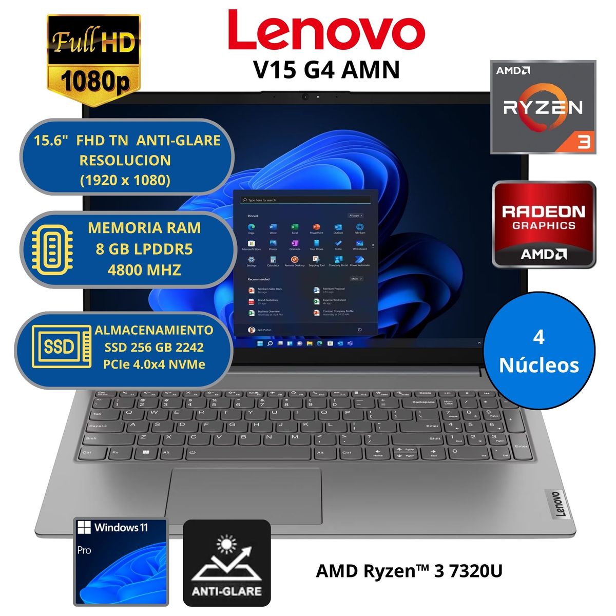 LENOVO - LAPTOP LENOVO AMD RYZEN 3 (V15 G4 AMN) RAM 8 GB SSD 256 GB 15.6" FHD WINDOWS 11