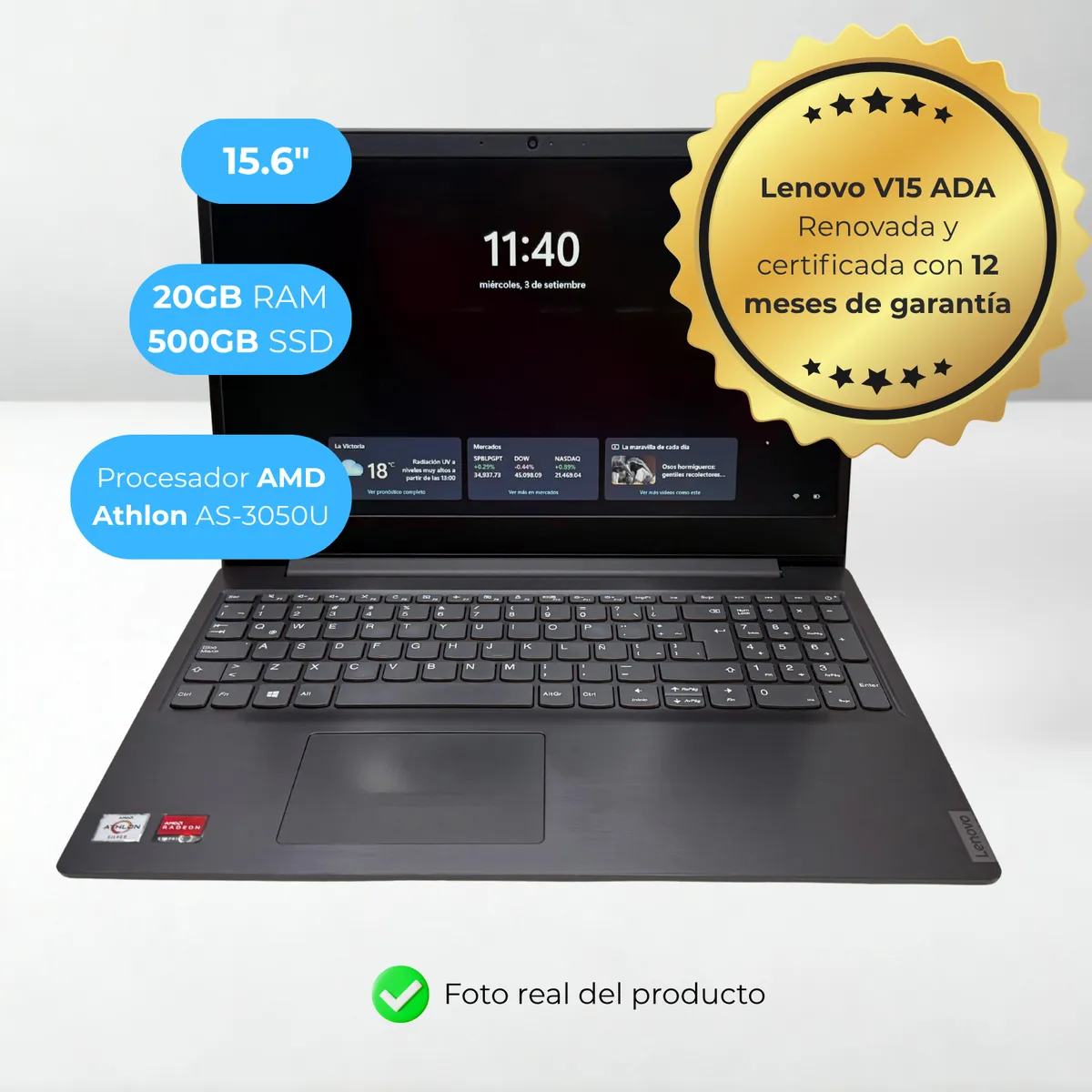 LENOVO - Laptop Lenovo V15-ADA Athlon 3050U 20GB 500GB 15pulgadas W11Pro - Reacondicionada