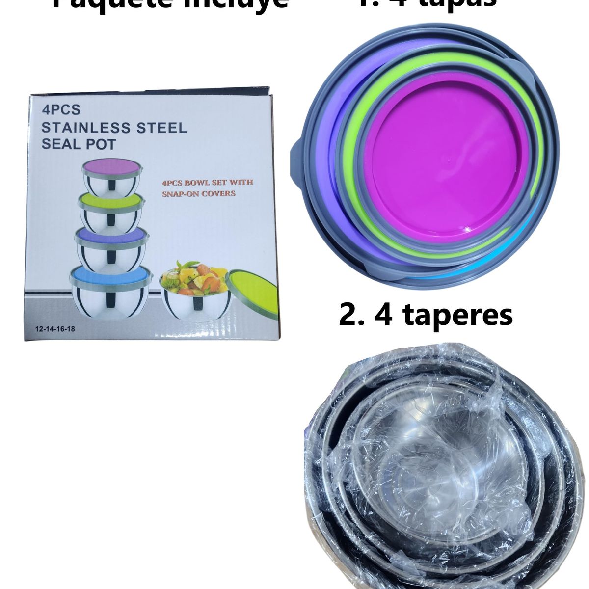 GENERICO - Pack 4 tazones de acero inoxidable con tapa