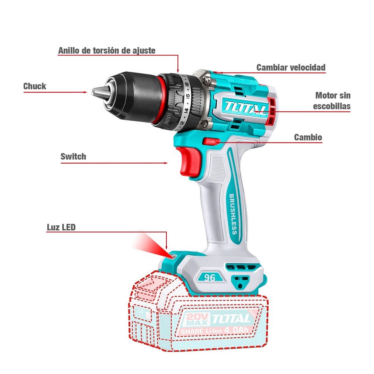 TOTAL TOOLS - Taladro Percutor 20V Bl 96Nm Total Inalámbrico Tidli209681