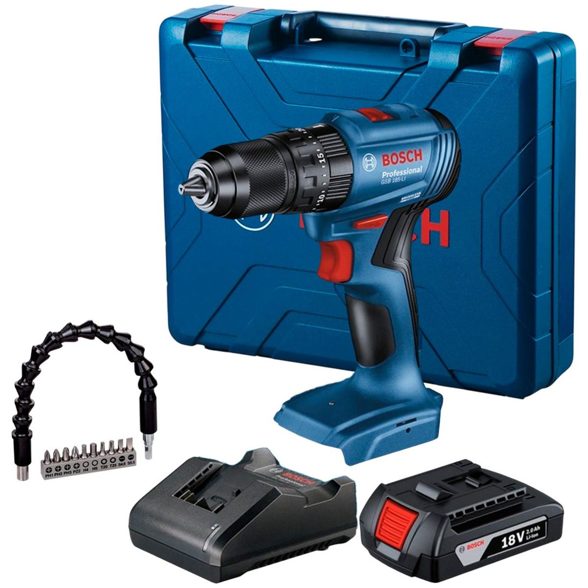 BOSCH - Taladro percutor 1/2 GSB 185 + batería + Set 11 pz Bosch