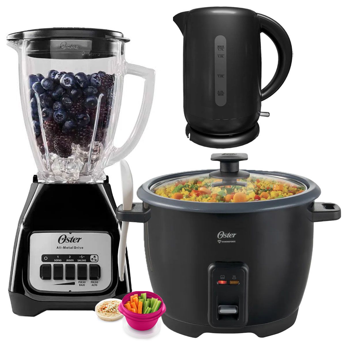 OSTER - Tricombo Licuadora Oster mas Olla arrocera + Hervidor Oster Negro