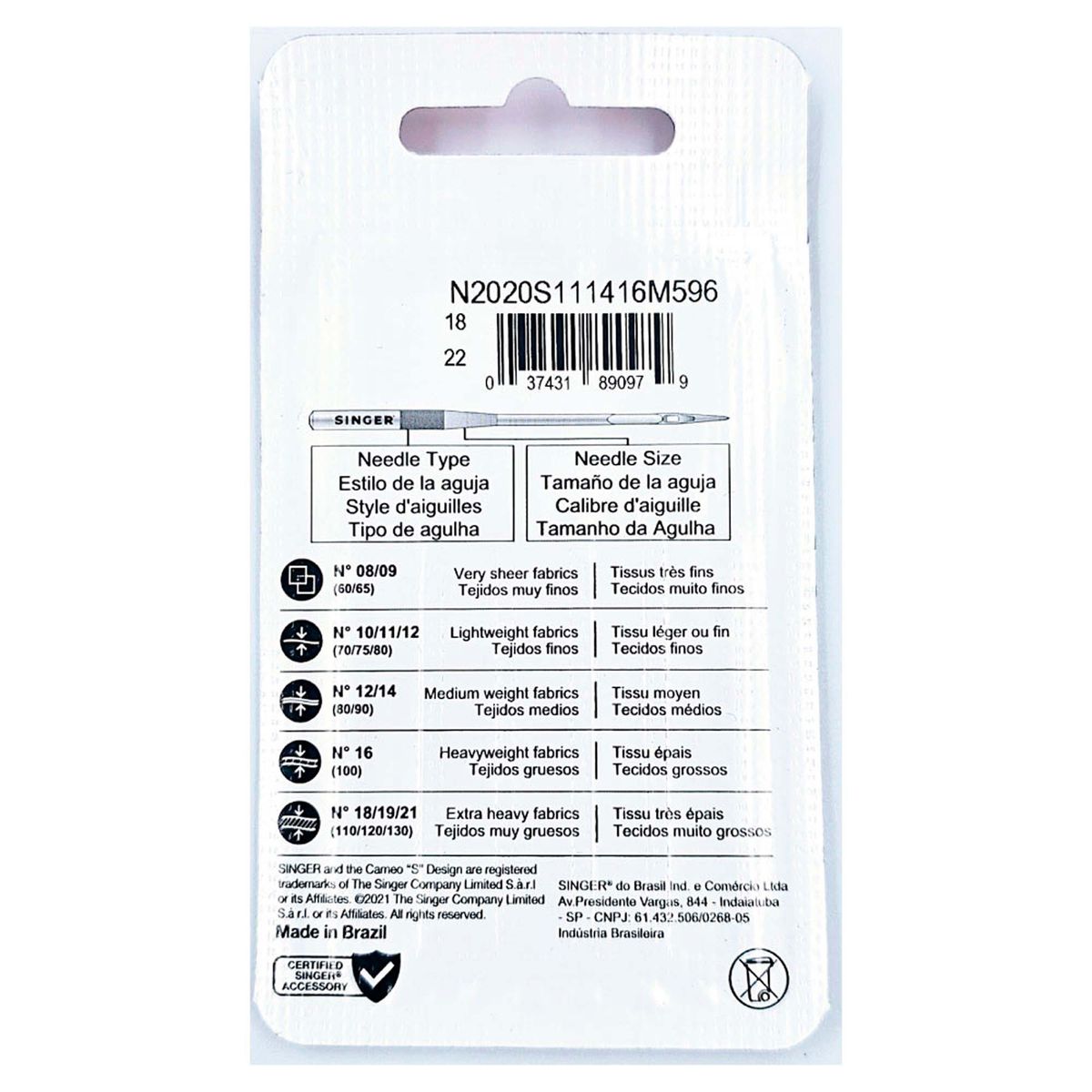 SINGER - Agujas Remalladora/Overlock - Pack de 2 Unidades