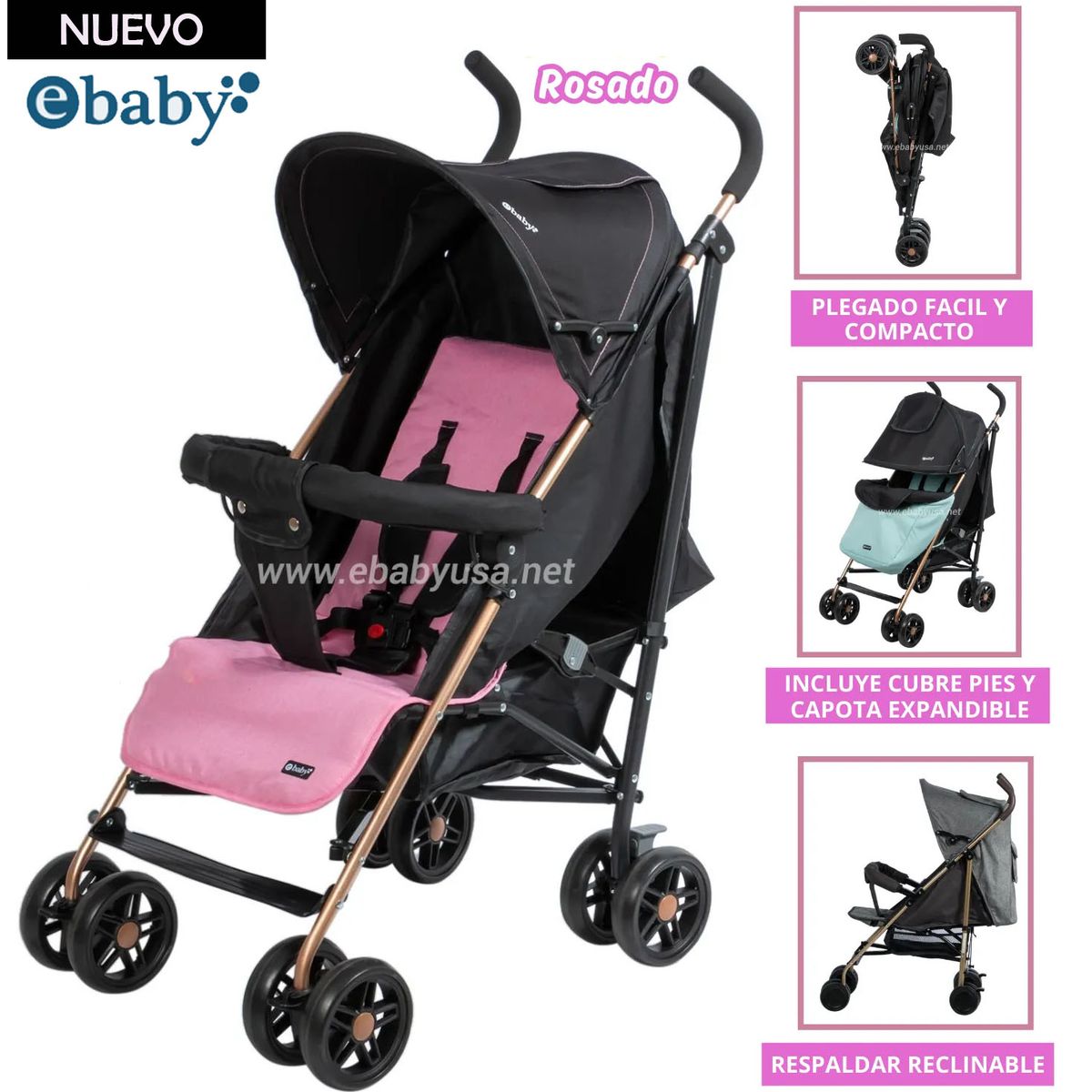 EBABY - Coche Bastón Paris para Bebe Rosado