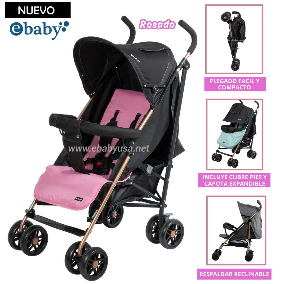 EBABY - Coche Bastón Paris para Bebe Rosado