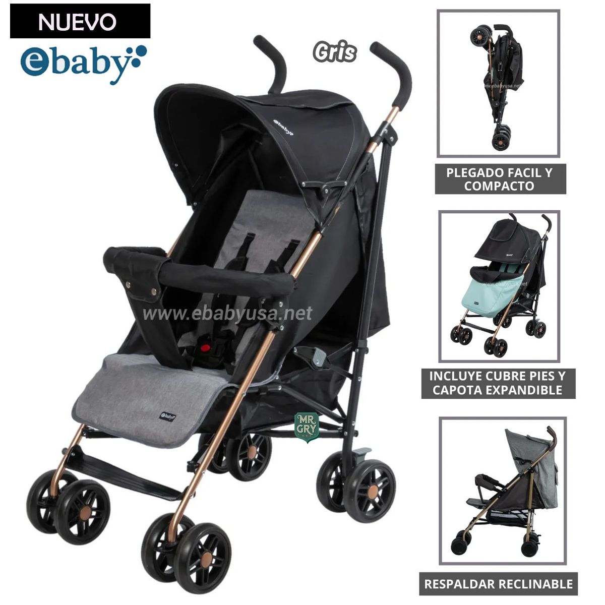 EBABY - Coche Bastón Paris para Bebe Gris