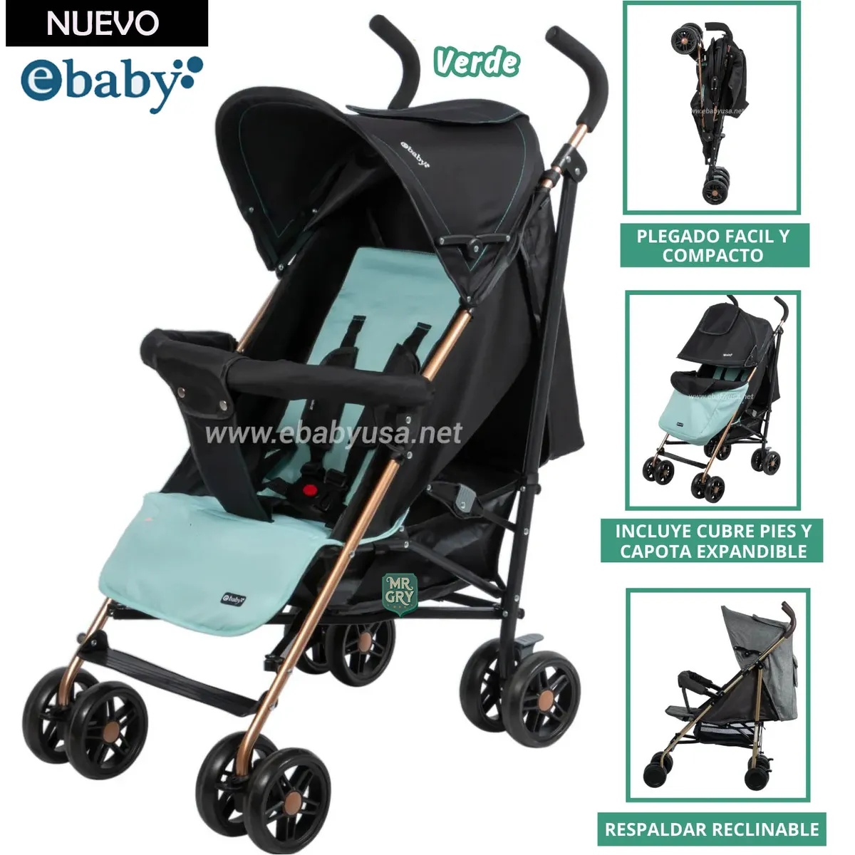 EBABY - Coche Bastón Paris para Bebe Verde